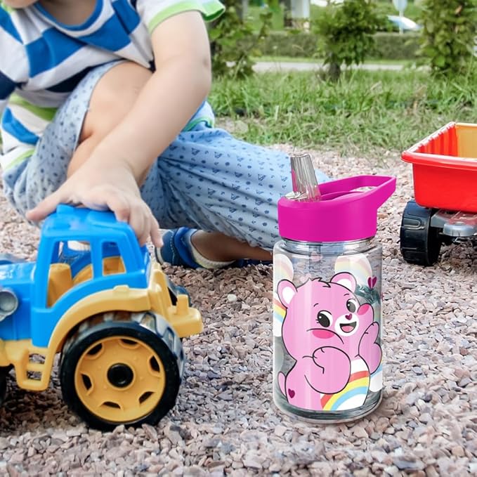 LOGOVISION Care Bears Kids Tritan Plastic Water Bottle with Straw Lid and Handle, Reusable Tumbler for Toddlers, Unisex for Girls and Boys, 12oz, Cheer Bear Belly Pattern