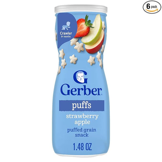 Gerber Stage 3 Baby Snacks, Strawberry Apple Puffs, Puffed Grain Snack, Baby Led Feeding, Iron & Choline, Strawberry Apple Puffs Snacks, 6-Pack