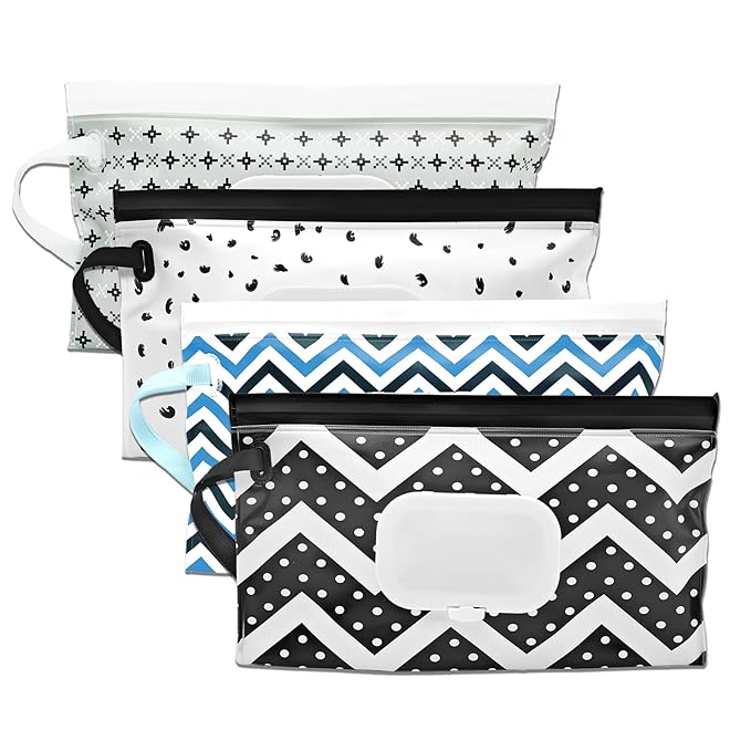4 Packs Baby Wipes Dispenser,Portable Refillable Wipe Holder with Hanging Loop, Wet Wipes Container,Reusable Travel Baby Wipes Pouch for Indoor & Outdoor Using