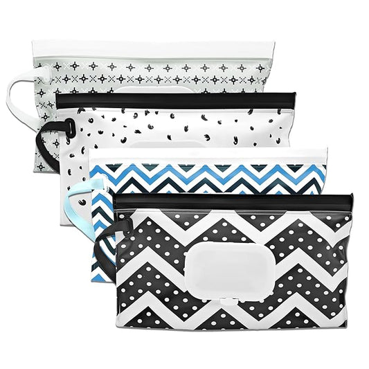 4 Packs Baby Wipes Dispenser,Portable Refillable Wipe Holder with Hanging Loop, Wet Wipes Container,Reusable Travel Baby Wipes Pouch for Indoor & Outdoor Using