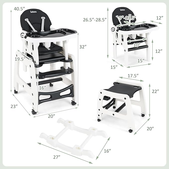 INFANS 5 in 1 Baby High Chair, Convertible Toddler Table Chair Set, Rocking Chair, Multi-Function Seat with Lockable Universal Wheels, Adjustable Seat Back, Removable Trays