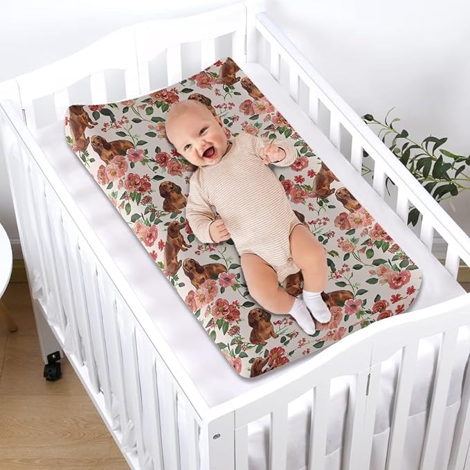 Dog Diaper Changing Table Pad Cover Soft Change Pad Cover for Baby Newborn Dachshund Rose Floral Baby Nursery Changing Mat Sheet Protector, One Size