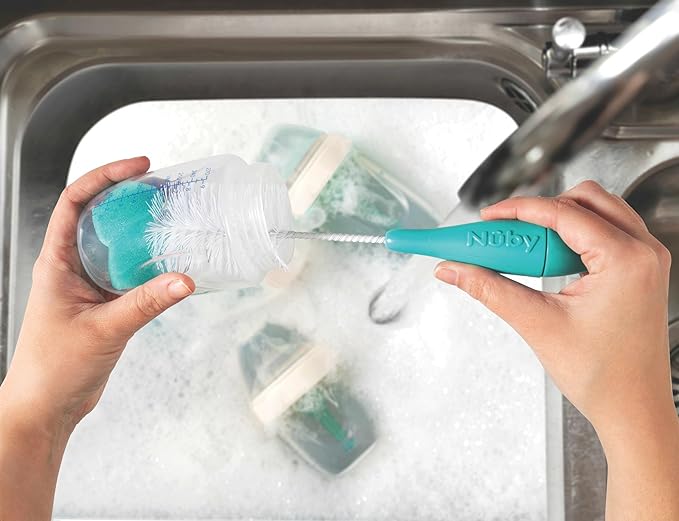 Nuby Bottle and Nipple Brush with Bristles and Sponge Tip | 3 Pack: Aqua, Blue, Green | Hanging Handle with Hook for Drying
