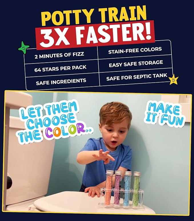 Fizzy Stars-Speed Up Potty Training Star-Shaped Potty Targets That Bubble & Change Color – Fun Toilet & Urinal Aim Trainer for Toddlers (1 Pack – 64 Stars)