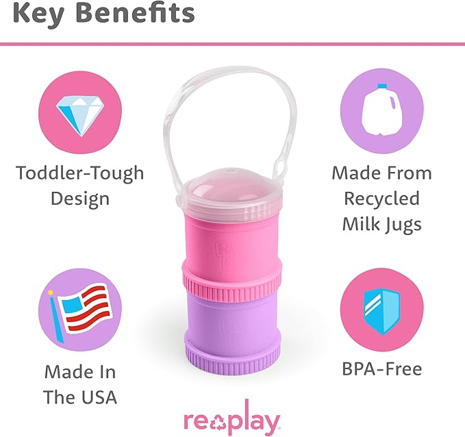 Re-Play Snack Stack Toddler Containers, 2 Sets - Stackable Cups with Travel Lid & Strap for On-the-Go, BPA-Free, Made in USA, Bright Pink/Purple