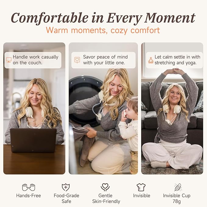 Snow Bear Wearable Breast Pump–Hands Free Portable Breast Pump with Neck Heated & 3 Size Flanges,160 min Battery Life Wireless Ultra Quiet Spill Resistant Breastfeeding Pump for Moms Home Work Travel