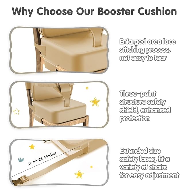 Toddler Booster Seat for Dining Table,Booster Seat for Kitchen Chair with Extended Straps,2PCS Portable with Safety Buckles,Suitable for Kids Aged 3-12 in Restaurants(Earthy Yellow)