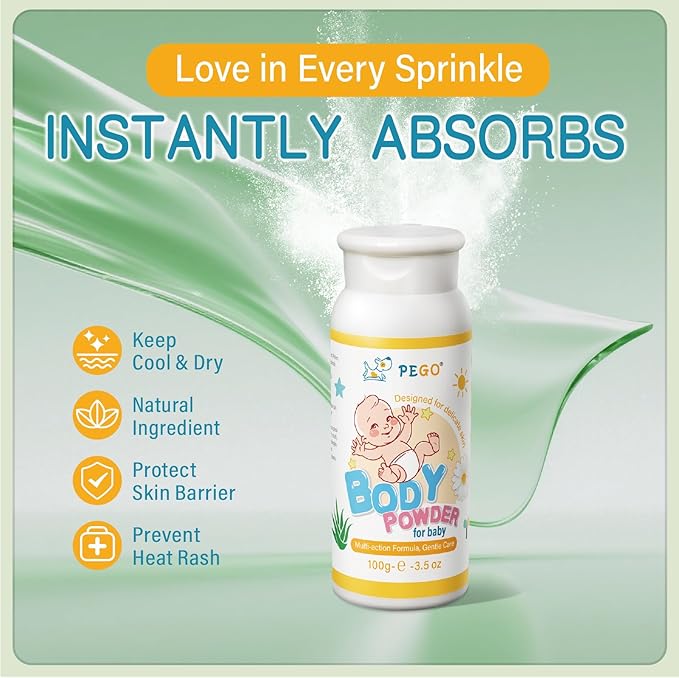 PEGO Cornstarch Baby Powder,Talc-Free,with Zinc Oxide,Aloe and Chamomilla,Prevent Heat Rash,Diaper Rash,Protect Newborns,Toddlers from Chafing,‌Non-Irritating,Travel Size 100g/3.5Oz (1 Pack)