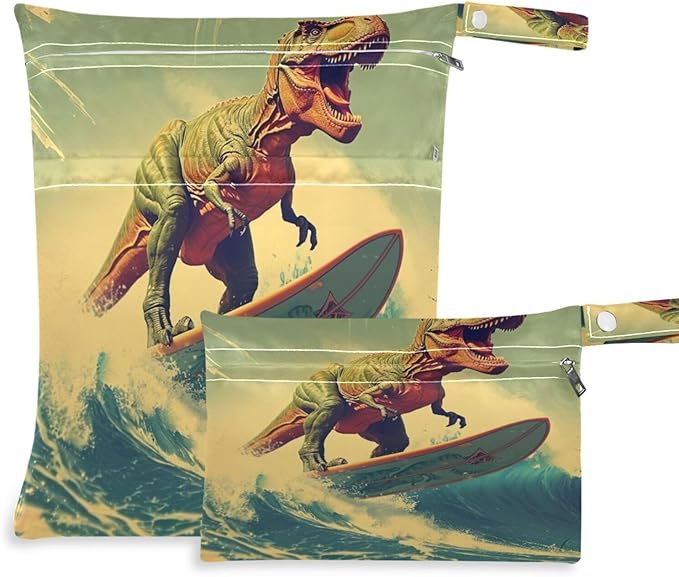 Dinosaur on Surfboard Wet Dry Bag for Baby Cloth Diaper Waterproof Reusable Travel Wet Bag with Two Zippered Pockets for Swimsuits, 2 Pcs