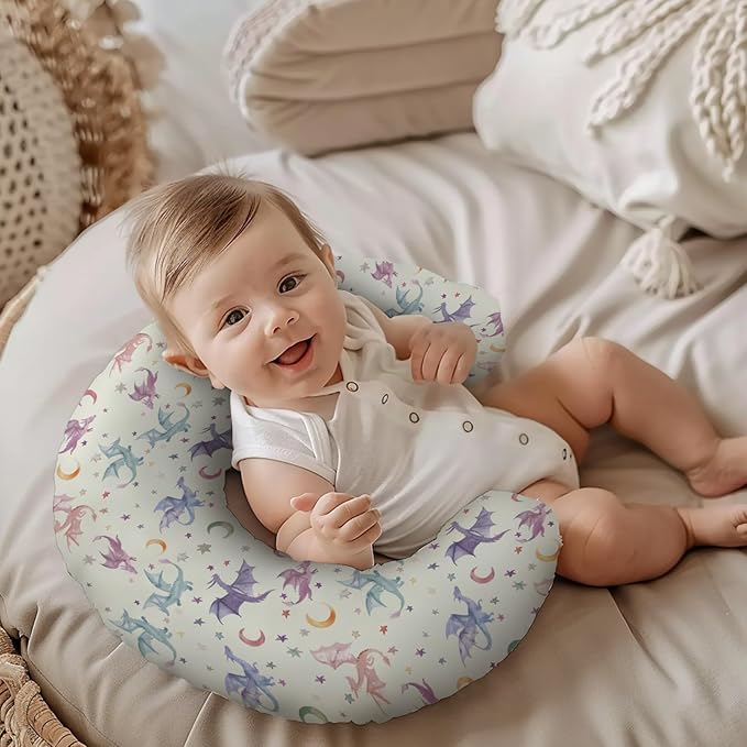 Watercolor Dragon Moon Stars Pattern Nursing Pillow Cover, Unisex Removable Breastfeeding Pillowcase Slipcover for Baby Girls Boys Newborns Toddlers, Cover Only