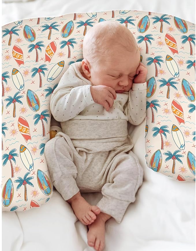 Retro Boho Surfing Baby Nursing Pillow Covers for Boy Girl Summer Surfboards Coconut Palm Trees Sun Nursery Pillowcase for Breastfeeding Pillows Beach Life Soft Stretchy Slipcovers for Newborn Infant