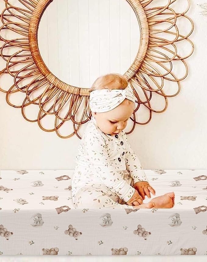 Changing Pad Cover for Baby Girls Boys, Muslin Changing Table Pad Covers with Boho Style, Neutral Color Soft and Breathable (Teddy)