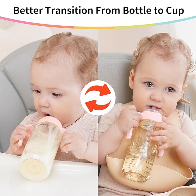 Mombella Classic 2 in 1 Baby Bottle & Straw Cup with Handle, PPSU Baby Bottles & Sippy Cup, Skinsoft Silicone Nipple Milk Feeding Bottle for Babies 6 Months+, Easy Grip, Leak-Proof, 10oz, Pink