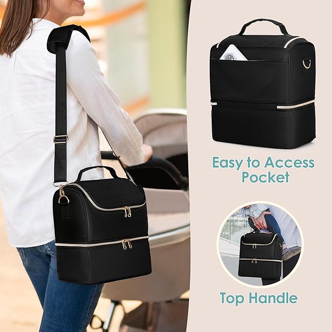 Fasrom Breast Pump Bag with Cooler Compartment Compatible with Momcozy, Medela and Willow Hands Free Pump, Pumping Tote with Waterproof Mat, Black
