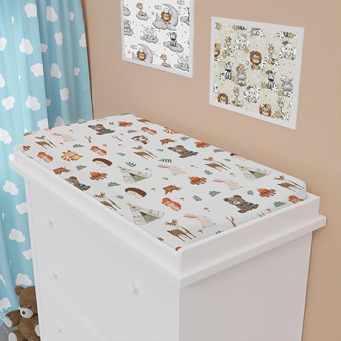 Camping Animals Changing Pad Cover Cute Bear Raccoon Squirrel Deer Rabbit Hedgehog Owl Change Table Cover for Boys Girls Soft Stretch Fitted Diaper Changing Mat Sheets 32''x16''