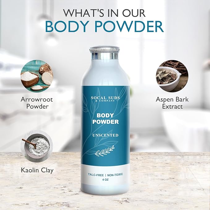 SoCal Suds & Company - Natural Body Powder Talc-Free - with Arrowroot Powder, Kaolin, Aspen Bark Extract for Soft Soothing Delicate Skin - Fragrance Free, 4oz, 1-Pack