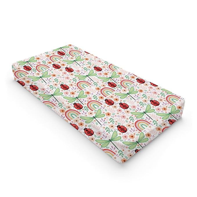 Spring Garden Dragonfly Changing Pad Cover Boho Retro Flowers Leaves Rainbow Diaper Changing Table Cover Sheets for Boy Girl Soft Breathable Stretch Fitted Baby Changing Pad Sheets Mats 32''x16''