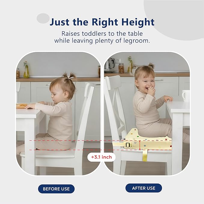 Toddler Booster Seat for Dining Table, Waterproof & Easy-to-Clean PU Cover, Safety Certified, Portable Booster Seat for Kitchen Chairs (Beige - Smile)