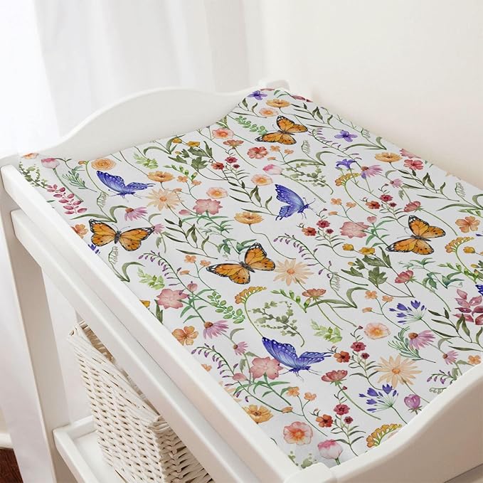 Spring Wildflower Butterflies Changing Pad Cover Watercolor Floral Summer Baby Changing Table Sheets for Baby Boy Girl Retro Botanical Soft Breathable Stretch Changing Table Mats 32''x16''