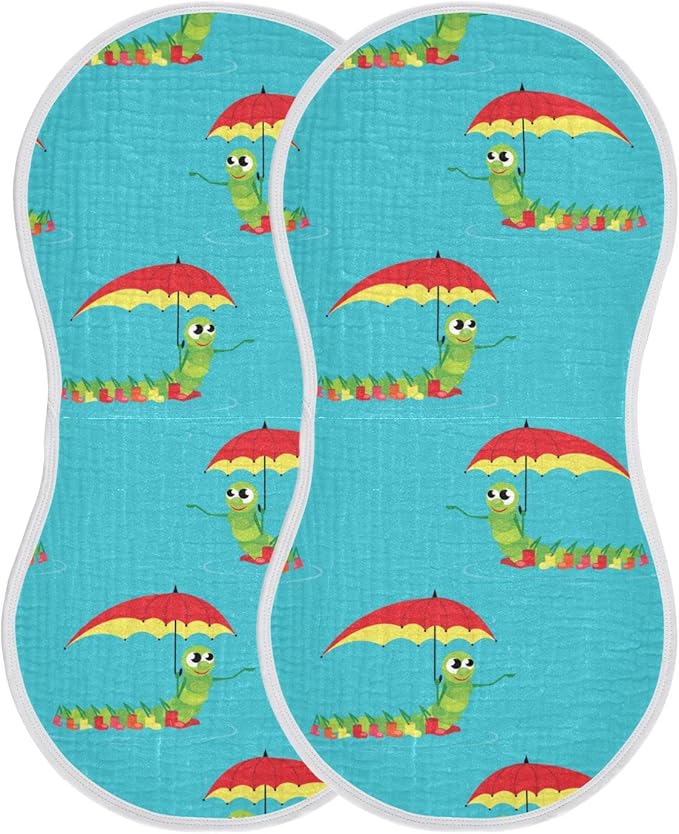 Caterpillar Hold Umbrella Pattern Muslin Burp Cloths for Baby 2 Pack 100% Cotton Baby Washcloths Bibs for Boy Girl