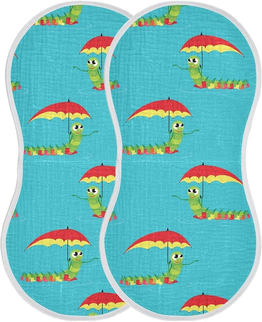 Caterpillar Hold Umbrella Pattern Muslin Burp Cloths for Baby 2 Pack 100% Cotton Baby Washcloths Bibs for Boy Girl
