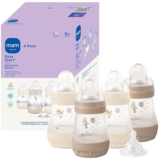 MAM 5oz Easy Start Anti-Colic Wide Neck Vented Baby Bottle, Slow Flow Breastfeeding-Like Nipple,Reduces Colic Gas & Reflux, Easy Clean, BPA Free,0+ Months, Made in Europe, 4 Pk Unisex