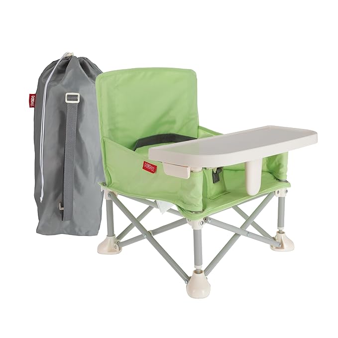Nuby Pop-Up Booster Seat with Removable Tray - 6+ Months - Portable Booster Seat for Floor for Indoor/Outdoor Use - 3-Point Safety Adjustable Straps - Summer Travel Essentials - Green