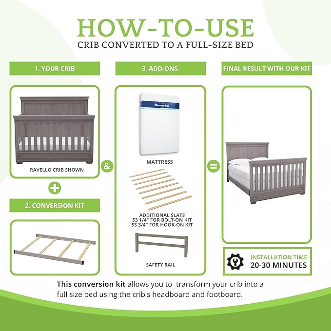 Full-Size Conversion Kit Bed Rails Compatible with Simmons Kids Convertible Cribs by Delta Children - Solid Wood Rail - Toddler & Adult Bed Rail for Full-Size - Nursery Furniture (Storm, BOLT-ON KIT)