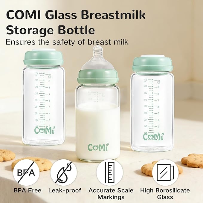 COMI Wide Neck Glass Breastmilk Collection n Storage Bottle, 2 Packs,10oz with Screw Ring Sealing Disk,Re-markable Sealing Disc,BPA Free,Fits Breast Pumps&Nipples(2 Green Lids)