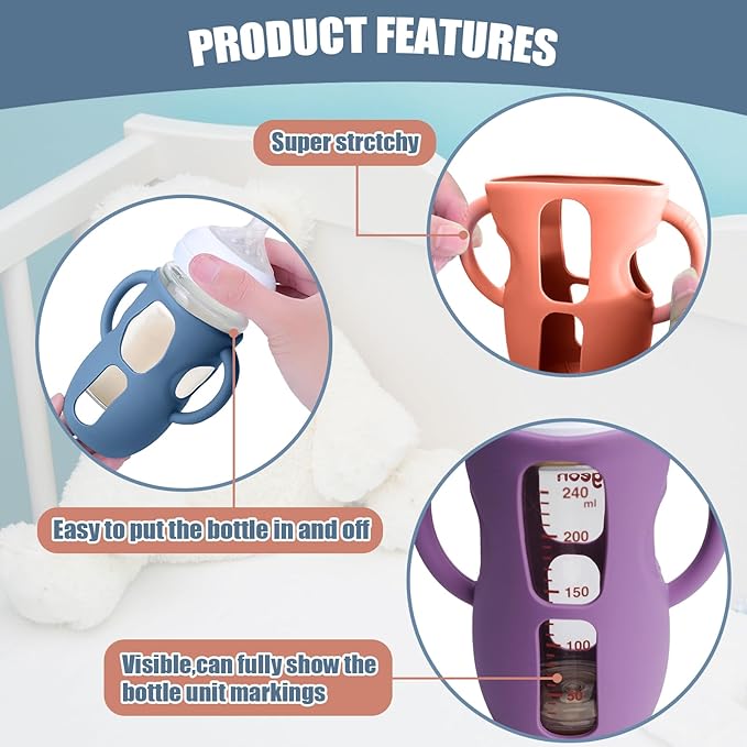 3 Pack Silicone Sleeves with Handle for Avent Baby Bottles,Drop Protection Baby Bottle Sleeves are Used for Philips Avent Glass Natural Baby Bottle 8 oz