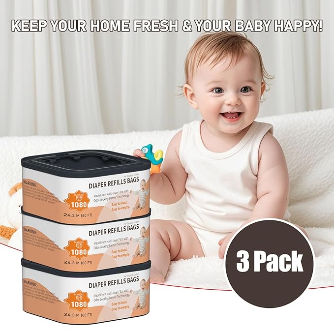 Jumbo+ Square Refills Disposal Bags Refill Compatible with Diaper Genie Compact, Classic and Select Pails, Hold Up to 1080 Newborn-Sized Diapers Per Refill, 3 Pack