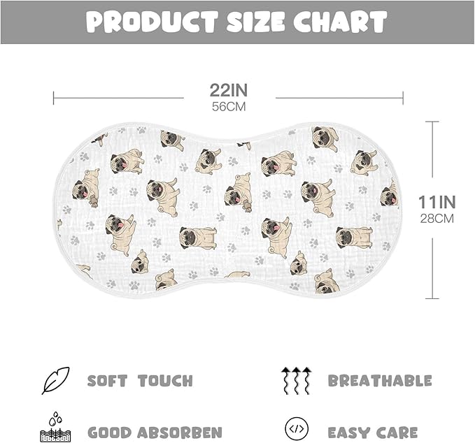 2 Pack Muslin Burp Cloths Pugs Dog Paw White Cotton Baby Burp Cloths Ultra Soft Burping Cloth Absorbent Spit Up Rags for Newborn Boys Girls 22x11 Inch