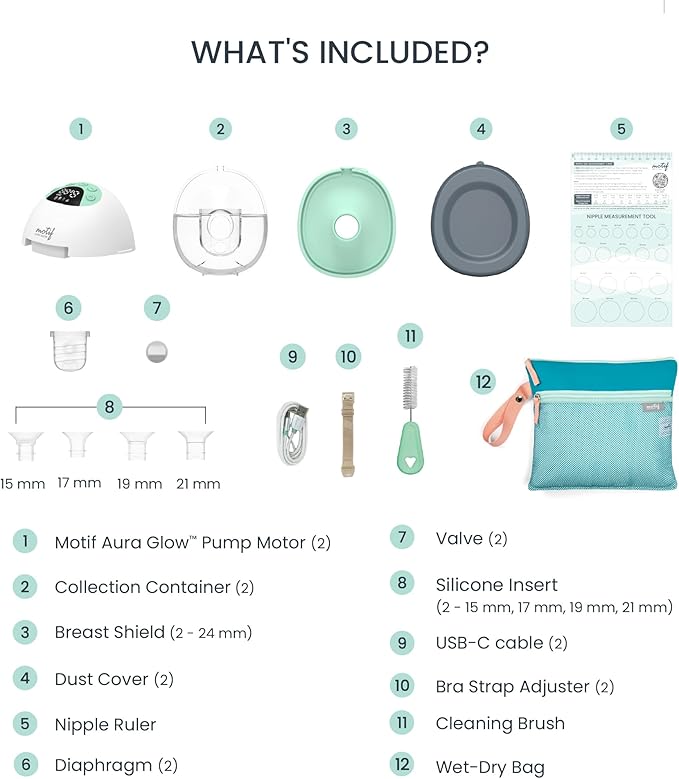 Motif Medical Aura Glow Hands-Free Breast Pump for Breastfeeding - Portable Breast Pump w/Inbuilt Nightlight & Wet-Dry Bag - Lightweight, Wireless Hospital Grade Pump w/ 5 Flange Sizes