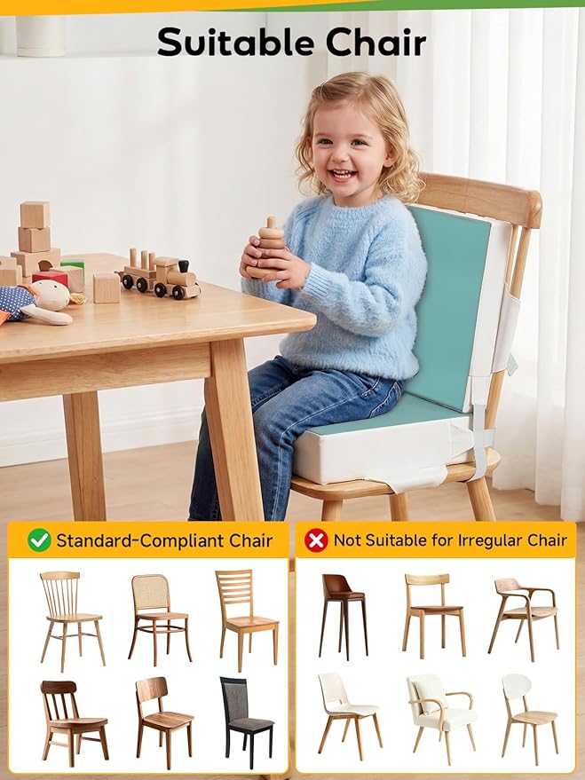 Toddler Booster Seat for Dining Table, Booster Seat for Kitchen Chair, Dining Seat with Adjustable Straps, Portable Travel Increasing Cushion for Chair (Green