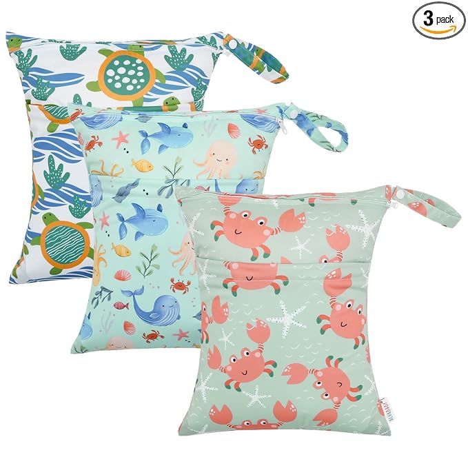 ALVABABY 3pcs Cloth Diaper Wet Dry Bags Waterproof Reusable with Two Zippered Pockets Travel Beach Pool Daycare Soiled Baby Items Yoga Gym Bag for Swimsuits or Wet Clothes 3L-ZM15A
