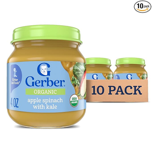 Gerber Stage 2 Baby Food, Organic Apple Spinach with Kale Jar, Fruit & Veggie Puree, Vitamin C, Non-GMO, Baby Food Puree Jars Glass, 10-pack