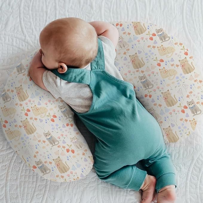 Boho Cats Bows Strawberries Flowers Baby Nursing Pillow Covers for Boy Girl Cute Kittens Meadow Floral Nursery Pillowcase for Breastfeeding Pillows Cat Lovers Gift Soft Stretchy Slipcovers for Infant