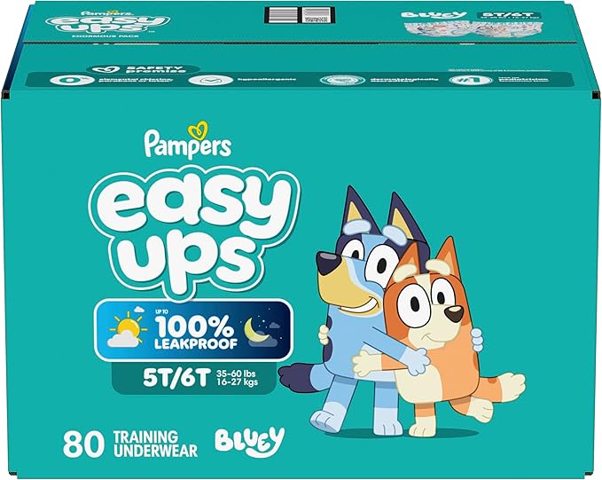 Easy Ups Girls & Boys Potty Training Pants, Size 5T-6T, 80 Count, Bluey Absorbent Training Underwear, Up to 100% Leakproof Day and Night, Hypoallergenic (Packaging May Vary)