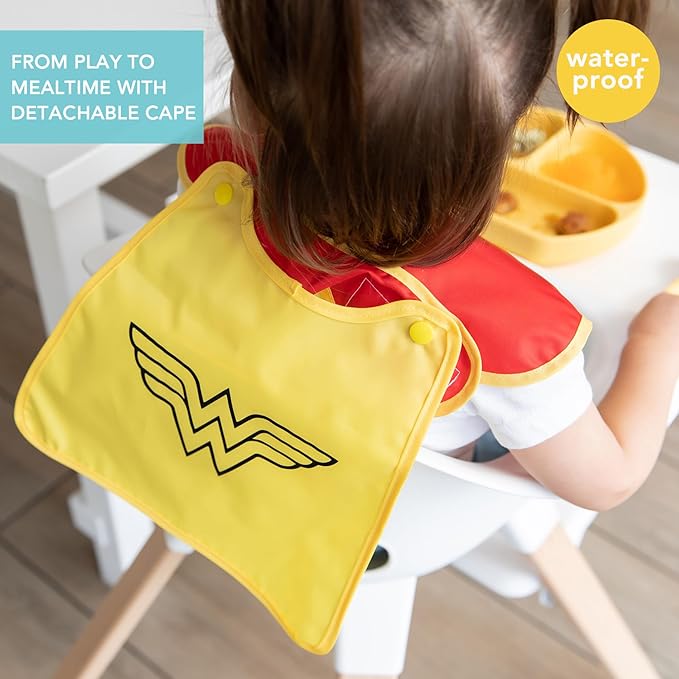 Bumkins Bib for Girl or Boy, Baby and Toddler for 6-24 Months, Essential Must Have for Eating, Feeding, Baby Led Weaning, Mess Saving Waterproof Soft Fabric, SuperBib with Cape, Wonder Woman DC Comics