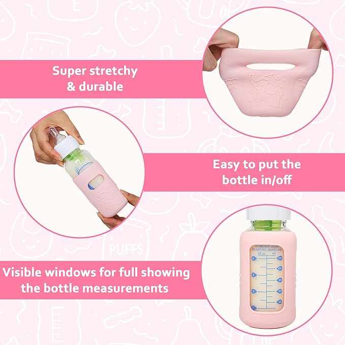KingKam 4 Pack Silicone Sleeves for Dr. Brown's Glass Baby Bottles, Anti Breakage Baby Bottle Sleeves Holder, Compatible with Dr. Brown's Anti-Colic Options+ Narrow Glass Baby Bottles, 4 oz/120 mL