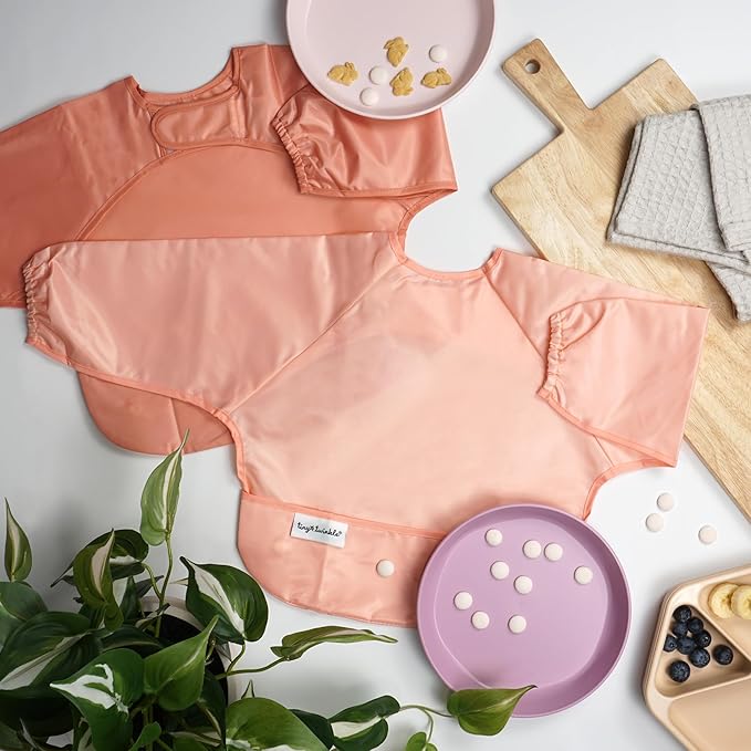 Tiny Twinkle Long Sleeve Bib for Babies & Toddlers | 2-Pack Waterproof Smock Bib for Eating | Machine Washable & Mess-Proof Feeding Essentials | Newborn Shower Gift (Peach Terracotta,6–24M)