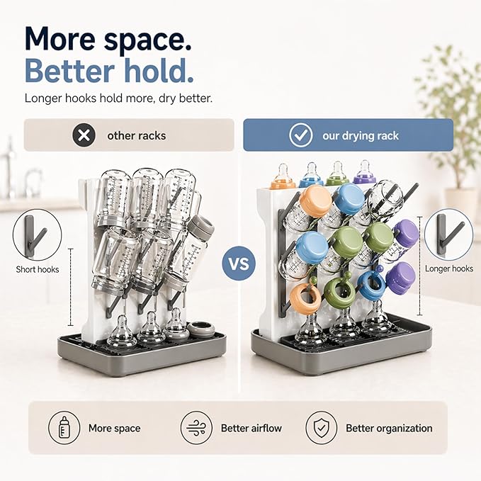 Baby Bottle Organizer and Drying Rack with Silicone Mat & Cleaning Brush - Space Saving Vertical Dryer for Breast Pump Parts, Bottles & Accessories - 12 Hooks, Removable Pacifier Box & Straw Holder