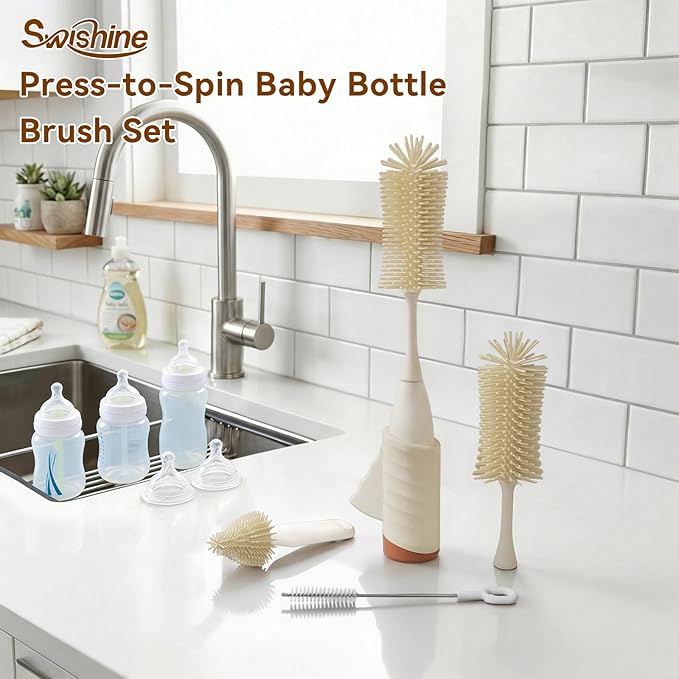 Baby Bottle Brush Set, Innovative Efficient Press-to-Spin Brush Cleaner - Includes Silicone Bottle Brush, Nipple Brush, Straw Cleaner - Spinning Generates Rich Foam for Deep Cleaning, Red