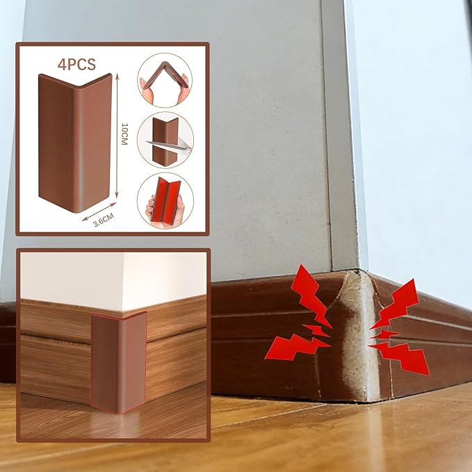 Self Adhesive Baseboard Corner Blocks, Thickened Rubber Corners Protectors Guards Trim for Wall,Furniture, Edge(Brown, 4PCS)
