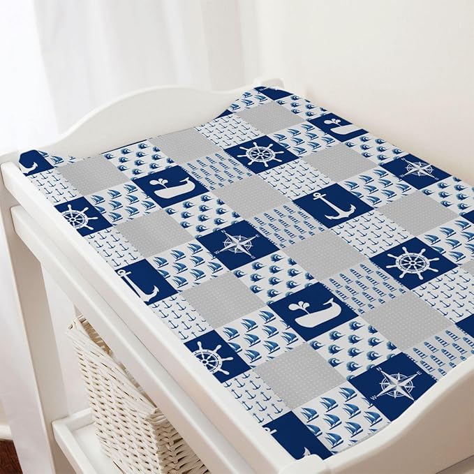 Navy Nautical Life Changing Pad Cover Marine Ocean Lighthouse Compass Whale Changing Table Cover for Baby Boys Girls Soft Breathable Stretchy Fitted Diaper Changing Mat Sheets 32''x16''