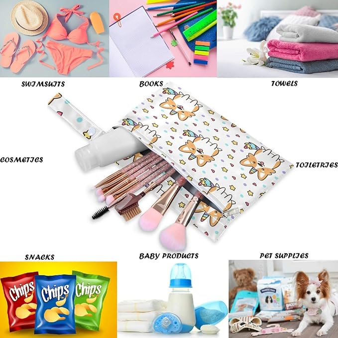 visesunny Corgi Dog with Unicorn Horn 2Pcs Wet Bag with Zippered Pockets Washable Reusable Roomy for Travel,Beach,Pool,Daycare,Stroller,Diapers,Dirty Gym Clothes, Wet Swimsuits, Toiletries