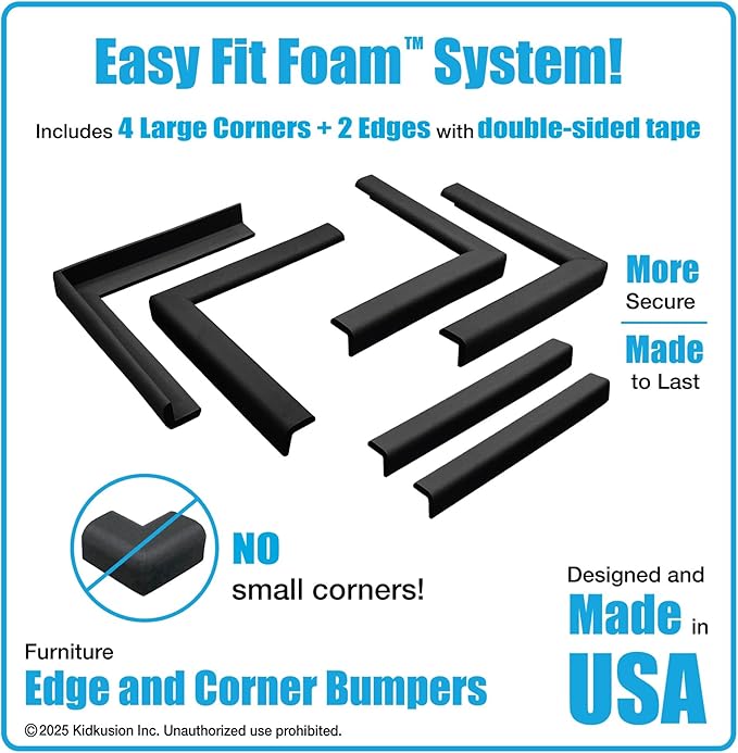 KidKusion Corner and Edge Protector | Easy Fit System | Soft Durable Foam Rubber Padding for Furniture w/Doublesided Tape | Babyproofing Bumper Guards | Large Profile | 20 Ft. | Black