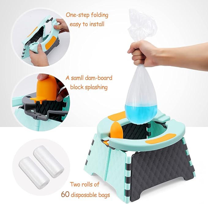 Toddler Portable Potty Training Seat for Kids Baby Foldable Toilet Child Travel Potty in Car Camping Potty Chair Seat for Indoor Outdoor, with 60 Disposable Bags