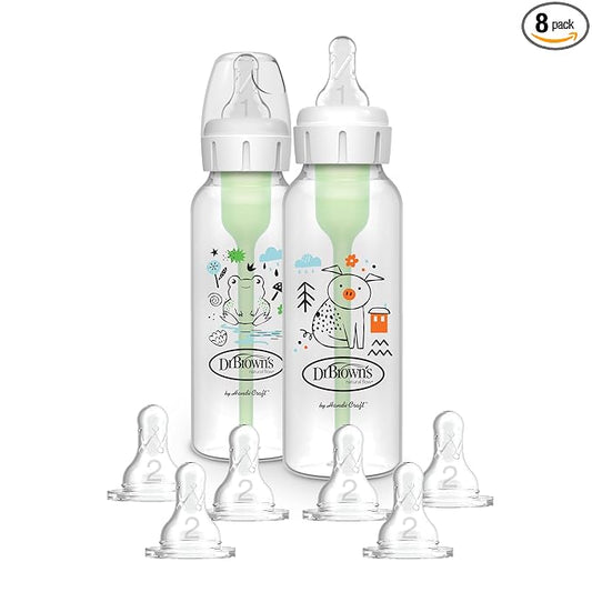 Dr. Brown's Natural Flow Anti-Colic Options+ Narrow Baby Bottle, Pig & Frog, 8 oz/250 mL, with Level 1 Slow Flow Nipple, BPA free, 0m+, 2-Pack and Level 2 Flow 6-Pack Nipples