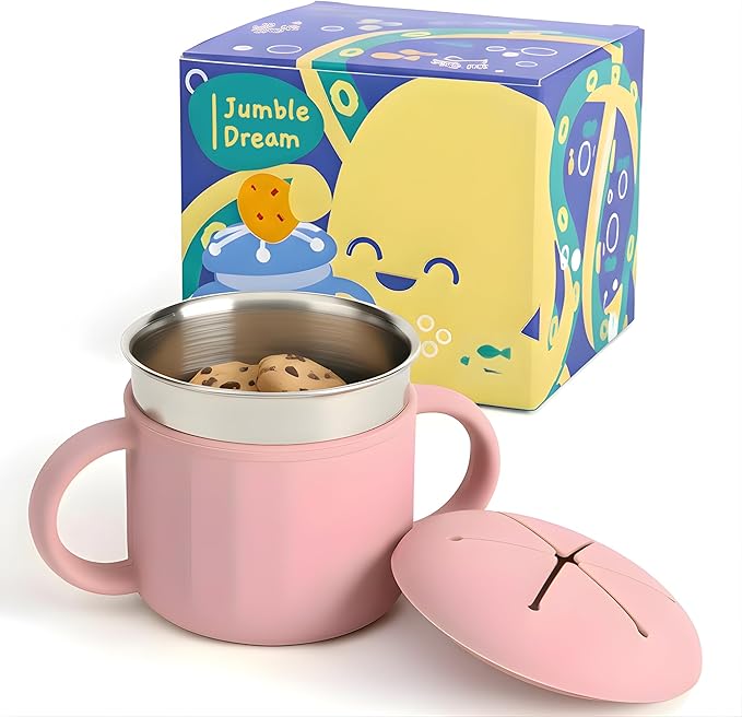 Jumble Dream Stainless Steel Baby Snack Cup for Toddlers Kids – Spill-Proof Silicone Snack Container – BPA-Free Non-Toxic Dishwasher Safe Food-Grade Stainless Steel for Baby Snacks 6m+ to 3+ Years